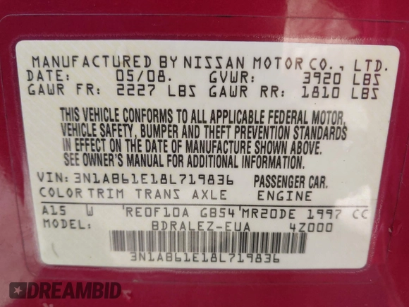 2008 Nissan Sentra S with VIN 3N1AB61E18L719836, listed as a IAAI auction lot 42162627 with 223,900 mi miles and . Bid and sale history available at DreamBid. Image 9.
