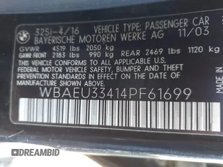 2004 BMW 3 Series 325xi with VIN WBAEU33414PF61699, listed as a IAAI auction lot 42188486 with 178,235 mi miles and . Bid and sale history available at carsss.com. Image 9.