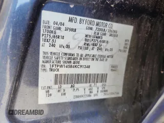 2004 Ford F-150 XLT с VIN 1FTPW14584KC91348, выставлен на аукционе Copart как лот 60210235 с пробегом 248 712 миль миль и Списание • Salvage title. История ставок и продаж доступна на DreamBid. Изображение 12.