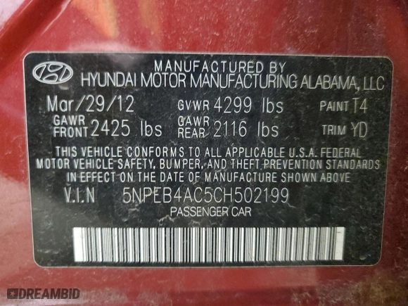 2012 Hyundai Sonata GLS PZEV with VIN 5NPEB4AC5CH502199, listed as a Copart auction lot 50040855 with 181,825 mi miles and Clean Title. Bid and sale history available at carsss.com. Image 12.