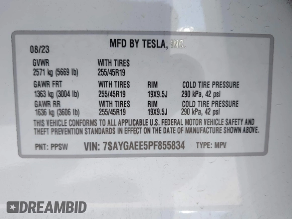 2023 Tesla Model Y Long Range with VIN 7SAYGAEE5PF855834, listed as a IAAI auction lot 41943491 with 34,480 mi miles. Bid and sale history available at carsss.com. Image 9.