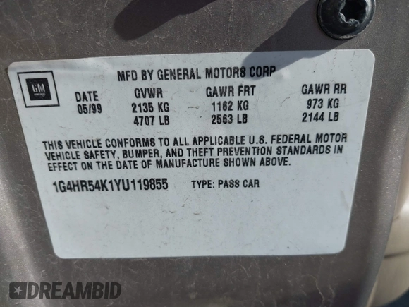 2000 Buick LeSabre Limited with VIN 1G4HR54K1YU119855, listed as a IAAI auction lot 41819647 with Not Provided miles and . Bid and sale history available at carsss.com. Image 9.