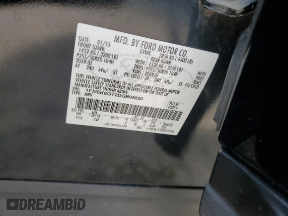 2013 Ford Explorer Sport z VIN 1FM5K8GT2DGB95820, wystawiony jako Copart lot #58213055 z przebiegiem 187 516 mil mil oraz Szkoda całkowita • Salvage title. Historia ofert i sprzedaży dostępna na DreamBid. Obrazek 13.