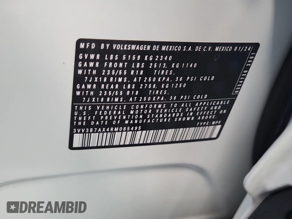 2024 Volkswagen Tiguan SE с VIN 3VV3B7AX4RM085495, выставлен на аукционе IAAI как лот 42796456 с пробегом 34 680 миль миль и . История ставок и продаж доступна на DreamBid. Изображение 41.