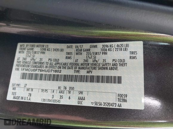 2017 Ford Escape S with VIN 1FMCU0F76HUD71802, listed as a IAAI auction lot 42248175 with Not provided miles and . Bid and sale history available at DreamBid. Image 9.