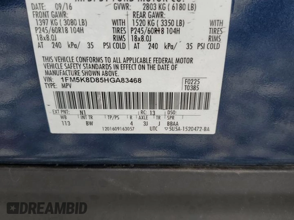 2017 Ford Explorer XLT with VIN 1FM5K8D85HGA83468, listed as a Copart auction lot 57416305 with 63,063 mi miles and Salvage title. Bid and sale history available at DreamBid. Image 13.