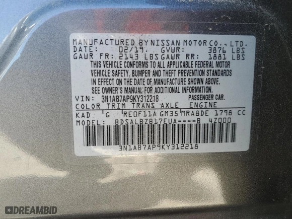 2019 Nissan Sentra S with VIN 3N1AB7AP9KY312218, listed as a Copart auction lot 49974775 with 87,015 mi miles and Salvage Title. Bid and sale history available at carsss.com. Image 12.