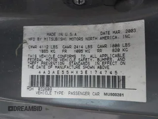 2003 Mitsubishi Eclipse GT with VIN 4A3AE55HX3E174745, listed as a IAAI auction lot 41303685 with 103,147 mi miles and . Bid and sale history available at carsss.com. Image 9.