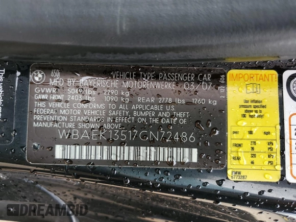 2007 BMW 6 Series 650i z VIN WBAEK13517CN72486, wystawiony jako Copart lot #47952395 z przebiegiem Nie podano mil oraz Szkoda całkowita • Salvage title. Historia ofert i sprzedaży dostępna na DreamBid. Obrazek 14.