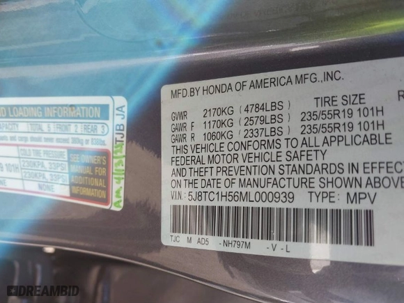 2021 Acura RDX w/Technology Package with VIN 5J8TC1H56ML000939, listed as a IAAI auction lot 41613894 with 35,057 mi miles. Bid and sale history available at carsss.com. Image 9.