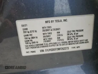 2021 Tesla Model Y Performance with VIN 5YJYGDEF2MF262273, listed as a Copart auction lot 50569245 with 90,879 mi miles and Salvage Title. Bid and sale history available at DreamBid. Image 13.
