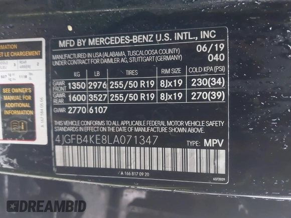 2020 Mercedes-Benz GLE 350 with VIN 4JGFB4KE8LA071347, listed as a IAAI auction lot 41853810 with 63,707 mi miles and . Bid and sale history available at DreamBid. Image 9.