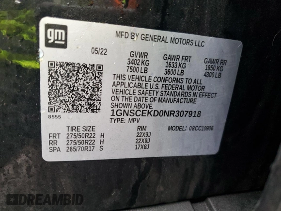 2022 Chevrolet Suburban RST with VIN 1GNSCEKD0NR307918, listed as a Copart auction lot 44904915 with 98,358 mi miles and Salvage title. Bid and sale history available at DreamBid. Image 13.