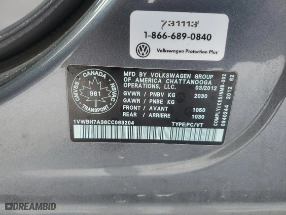 2012 Volkswagen Passat SE w/Sunroof with VIN 1VWBH7A36CC063204, listed as a Copart auction lot 46447225 with 183,866 mi miles and Salvage Title. Bid and sale history available at carsss.com. Image 13.