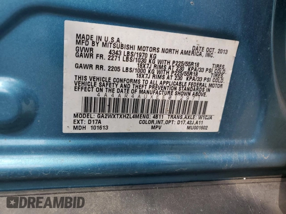2014 Mitsubishi Outlander SE with VIN 4A4AR4AUXEE012971, listed as a Copart auction lot 59278935 with 141,263 mi miles and Salvage title. Bid and sale history available at DreamBid. Image 13.