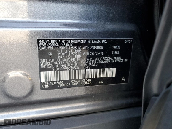 2021 Toyota RAV4 XLE Premium с VIN 2T3A1RFV7MC207416, выставлен на аукционе Copart как лот 54402225 с пробегом 70 597 миль миль и Списание • Salvage title. История ставок и продаж доступна на DreamBid. Изображение 13.