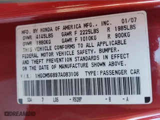 2007 Honda Accord Sdn EX-L with VIN 1HGCM56897A083106, listed as a Copart auction lot 50072255 with 238,044 mi miles and Salvage Title. Bid and sale history available at carsss.com. Image 12.