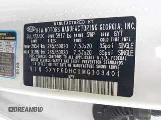 2021 Kia Telluride S with VIN 5XYP6DHC1MG103401, listed as a IAAI auction lot 42174602 with 125,118 mi miles and . Bid and sale history available at DreamBid. Image 9.