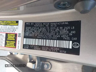 2020 Lexus ES 350 Luxury with VIN 58AEZ1B13LU074652, listed as a IAAI auction lot 42661429 with 21,906 mi miles and . Bid and sale history available at DreamBid. Image 9.