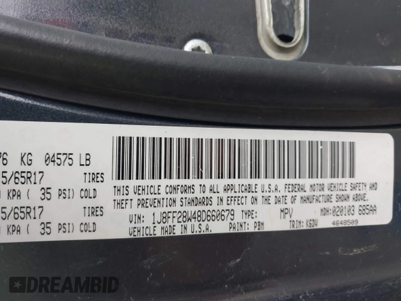 2008 Jeep Patriot Sport with VIN 1J8FF28W48D660679, listed as a IAAI auction lot 41496864 with 163,637 mi miles. Bid and sale history available at carsss.com. Image 9.