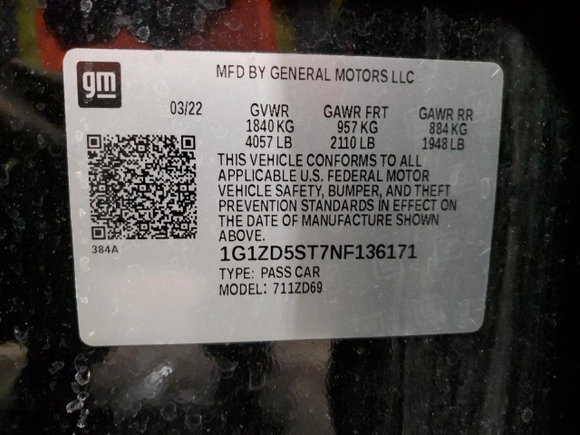2022 Chevrolet Malibu LT with VIN 1G1ZD5ST7NF136171, listed as a Copart auction lot 44543515 with 58,794 mi miles and Non Repairable. Bid and sale history available at carsss.com. Image 12.