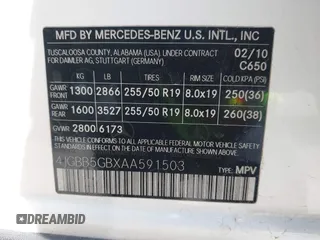 2010 Mercedes-Benz M 350 with VIN 4JGBB5GBXAA591503, listed as a IAAI auction lot 41970139 with 190,453 mi miles and . Bid and sale history available at DreamBid. Image 9.