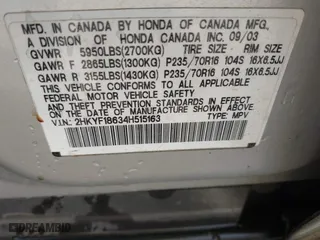 2004 Honda Pilot EX with VIN 2HKYF18634H515163, listed as a IAAI auction lot 40786017 with 206,036 mi miles. Bid and sale history available at carsss.com. Image 9.