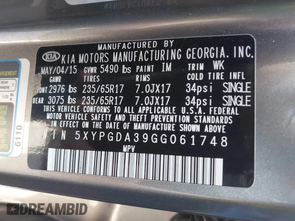 2016 Kia Sorento LX with VIN 5XYPGDA39GG061748, listed as a IAAI auction lot 41720011 with 124,084 mi miles. Bid and sale history available at carsss.com. Image 9.