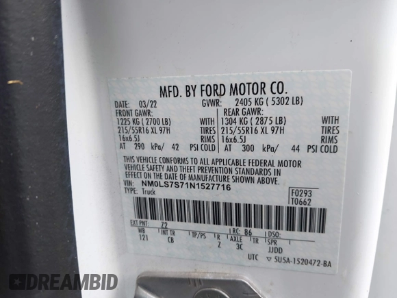 2022 Ford Transit Connect XL z VIN NM0LS7S71N1527716, wystawiony jako IAAI lot #41622930 z przebiegiem 65 838 mil mil oraz . Historia ofert i sprzedaży dostępna na DreamBid. Obrazek 9.