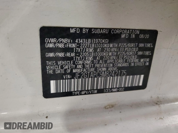 2021 Subaru Crosstrek Premium with VIN JF2GTAPC9M8242175, listed as a Copart auction lot 62987685 with 84,396 mi miles and Clean title. Bid and sale history available at DreamBid. Image 13.