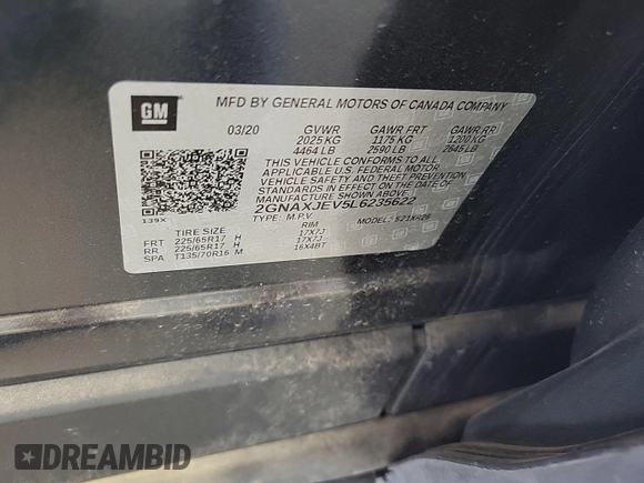 2020 Chevrolet Equinox LT with VIN 2GNAXJEV5L6235622, listed as a IAAI auction lot 42843936 with 65,504 mi miles and . Bid and sale history available at DreamBid. Image 14.
