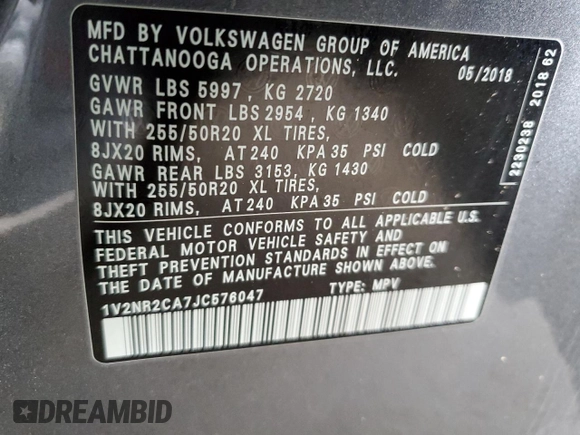 2018 Volkswagen Atlas SEL Premium with VIN 1V2NR2CA7JC576047, listed as a Copart auction lot 55309005 with 137,472 mi miles and Salvage title. Bid and sale history available at DreamBid. Image 13.