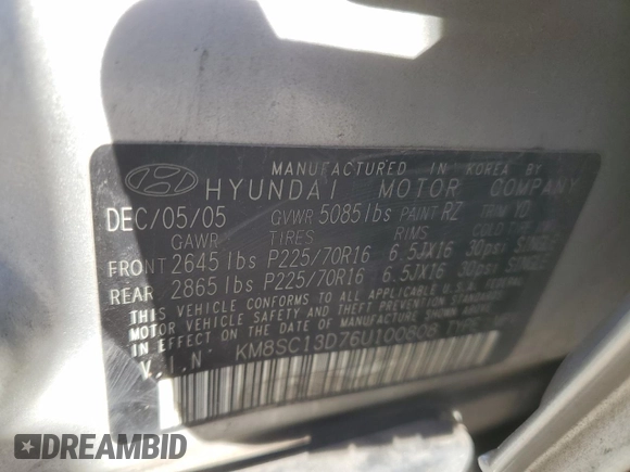 2006 Hyundai Santa Fe GLS with VIN KM8SC13D76U100808, listed as a Copart auction lot 89007045 with 269,068 mi miles and Salvage Title. Bid and sale history available at carsss.com. Image 13.