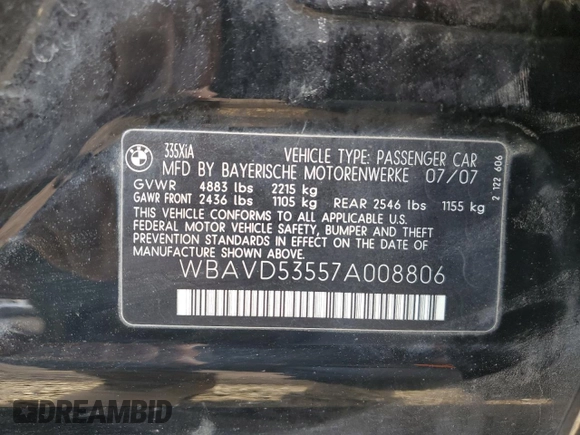 2007 BMW 3 Series 335xi with VIN WBAVD53557A008806, listed as a Copart auction lot 44773525 with 181,583 mi miles and Salvage Title. Bid and sale history available at carsss.com. Image 12.