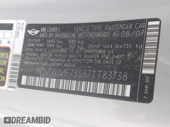 2007 MINI Hardtop S with VIN WMWMF73567TT83738, listed as a IAAI auction lot 42598923 with 133,968 mi miles and . Bid and sale history available at DreamBid. Image 9.