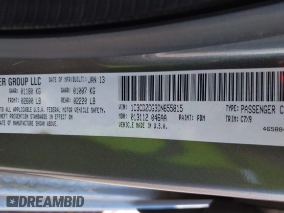 2013 Dodge Avenger SXT with VIN 1C3CDZCG3DN655815, listed as a IAAI auction lot 42190457 with 161,890 mi miles and . Bid and sale history available at carsss.com. Image 9.