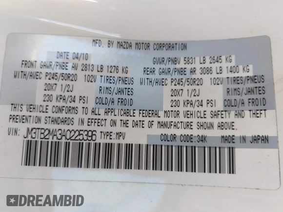 2010 Mazda CX-9 Sport with VIN JM3TB2MA3A0225396, listed as a IAAI auction lot 41674470 with 225,928 mi miles and . Bid and sale history available at DreamBid. Image 9.