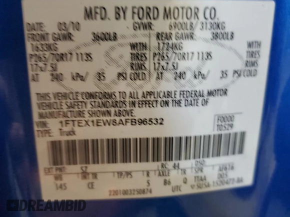 2010 Ford F-150 XL with VIN 1FTEX1EW8AFB96532, listed as a Copart auction lot 53133575 with 203,518 mi miles and Salvage Title. Bid and sale history available at carsss.com. Image 12.