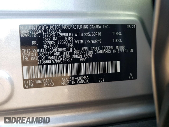 2021 Toyota RAV4 Hybrid LE with VIN 2T3B6RFV7MW019757, listed as a Copart auction lot 61929085 with 14,675 mi miles and Salvage title. Bid and sale history available at DreamBid. Image 13.