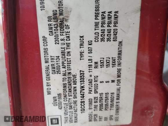 1997 Chevrolet S-10 with VIN 1GCCS1447VK133537, listed as a Copart auction lot 42354235 with 122,005 mi miles and Salvage Title. Bid and sale history available at carsss.com. Image 12.