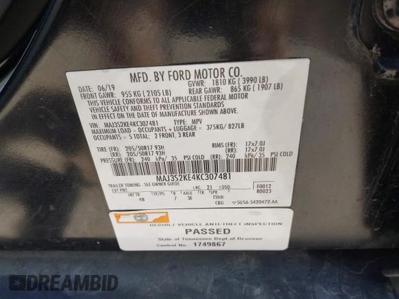 2019 Ford EcoSport Titanium with VIN MAJ3S2KE4KC307481, listed as a IAAI auction lot 41737442 with 41,524 mi miles and . Bid and sale history available at DreamBid. Image 9.