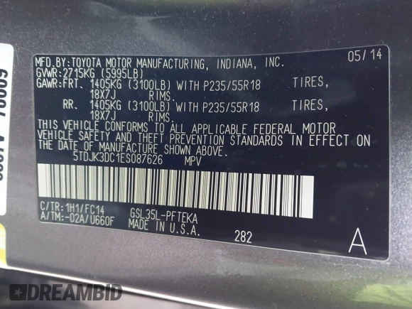 2014 Toyota Sienna LE with VIN 5TDJK3DC1ES087626, listed as a IAAI auction lot 41610813 with 142,311 mi miles and . Bid and sale history available at DreamBid. Image 9.