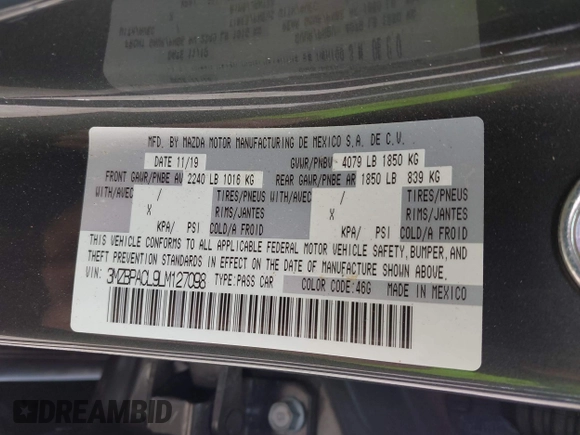 2020 Mazda 3 Select с VIN 3MZBPACL9LM127098, выставлен на аукционе IAAI как лот 41948541 с пробегом 67 431 миль миль и . История ставок и продаж доступна на DreamBid. Изображение 9.