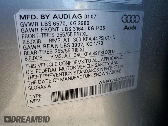 2007 Audi Q7 z VIN WA1AY74L97D078834, wystawiony jako Copart lot #76022894 z przebiegiem 113 562 mil mil oraz Czysty tytuł • Clean title. Historia ofert i sprzedaży dostępna na DreamBid. Obrazek 13.