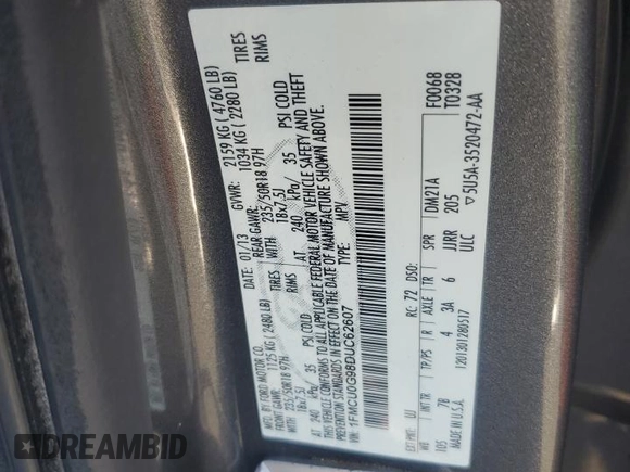 2013 Ford Escape SE с VIN 1FMCU0G98DUC62607, выставлен на аукционе Copart как лот 52754835 с пробегом Не указан миль и Списание • Salvage title. История ставок и продаж доступна на DreamBid. Изображение 13.