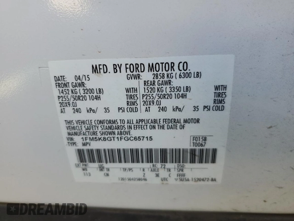 2015 Ford Explorer Sport z VIN 1FM5K8GT1FGC65715, wystawiony jako Copart lot #63768445 z przebiegiem 138 865 mil mil oraz Szkoda całkowita • Salvage title. Historia ofert i sprzedaży dostępna na DreamBid. Obrazek 14.