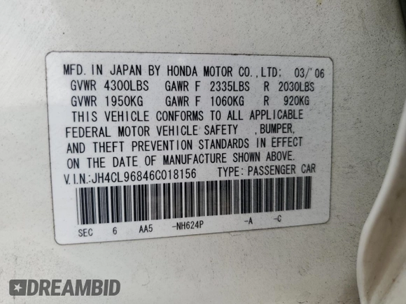 2006 Acura TSX с VIN JH4CL96846C018156, выставлен на аукционе Copart как лот 64400585 с пробегом 166 631 миль миль и Списание • Salvage title. История ставок и продаж доступна на DreamBid. Изображение 12.