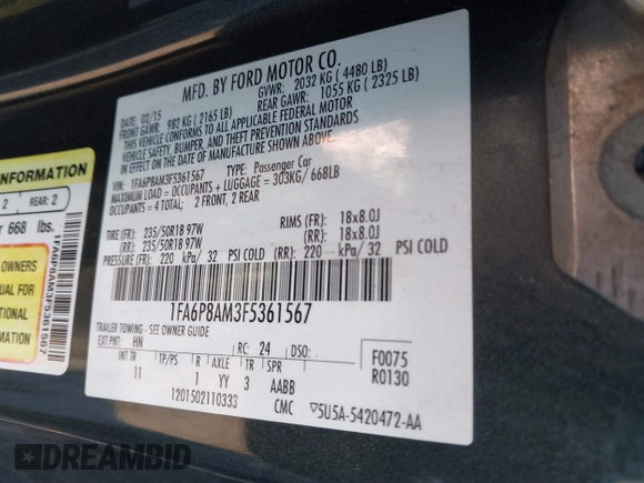2015 Ford Mustang V6 with VIN 1FA6P8AM3F5361567, listed as a IAAI auction lot 41848483 with 89,257 mi miles and . Bid and sale history available at DreamBid. Image 9.