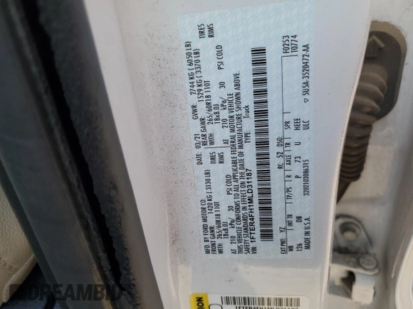 2021 Ford Ranger XL с VIN 1FTER4FH1MLD31187, выставлен на аукционе Copart как лот 57596855 с пробегом 36 523 миль миль и Списание • Salvage title. История ставок и продаж доступна на DreamBid. Изображение 13.