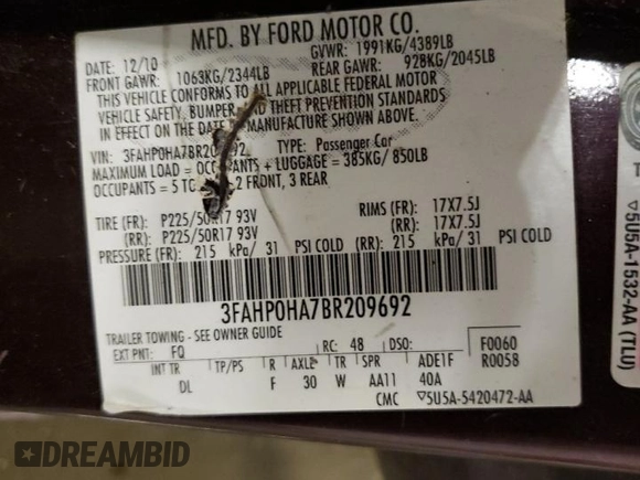 2011 Ford Fusion SE with VIN 3FAHP0HA7BR209692, listed as a Copart auction lot 55095425 with 238,463 mi miles and Non Repairable. Bid and sale history available at carsss.com. Image 12.